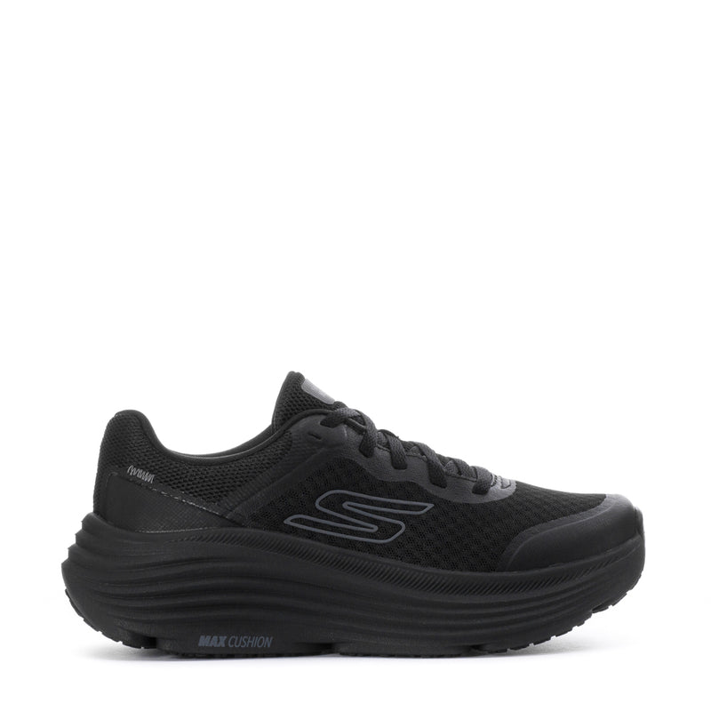 Black women's running sneaker with lace-up knit upper and chunky Max Cushion sole