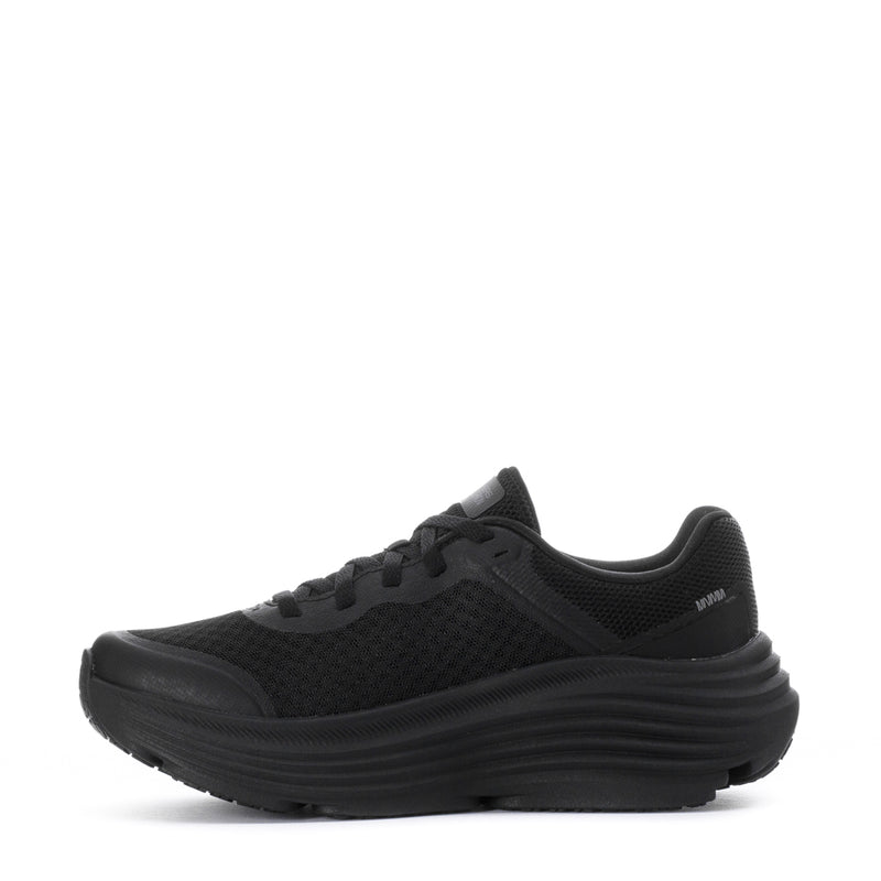 Black women's running shoe side view, lace-up upper and thick cushioned outsole