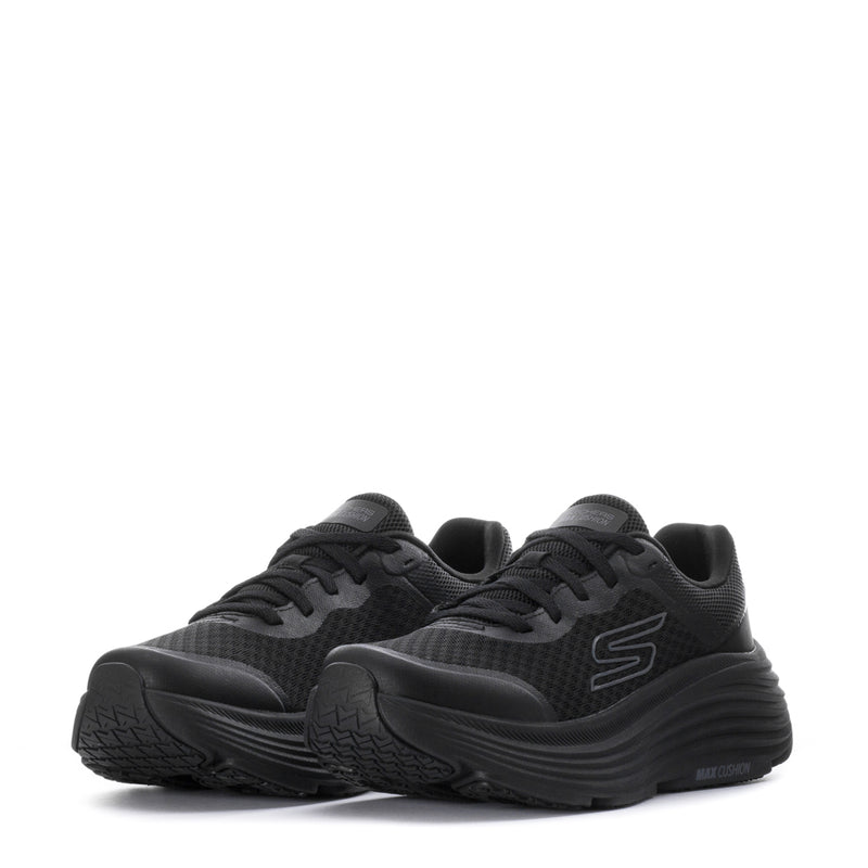 Black women's running sneakers, toe and side view, lace-up upper with textured sole