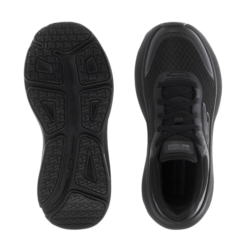 Black athletic sneaker outsole and inside collar view, lace-up shoe