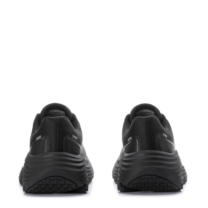 Black women's running shoes heel view, lace-up upper and ridged cushioned midsole