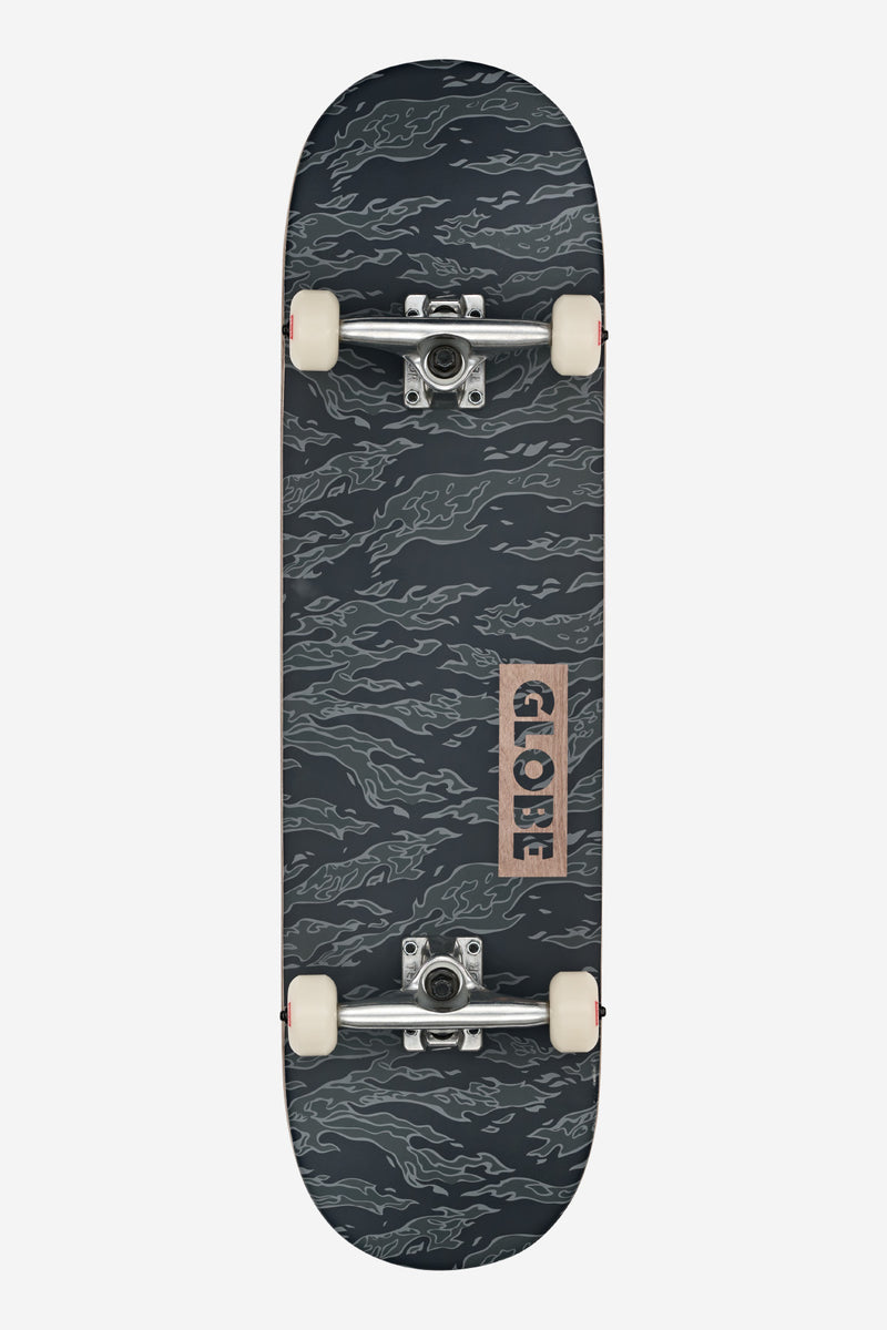 Top view of Goodstock 8.5 inch Black Camo skateboard deck with silver trucks and white wheels.