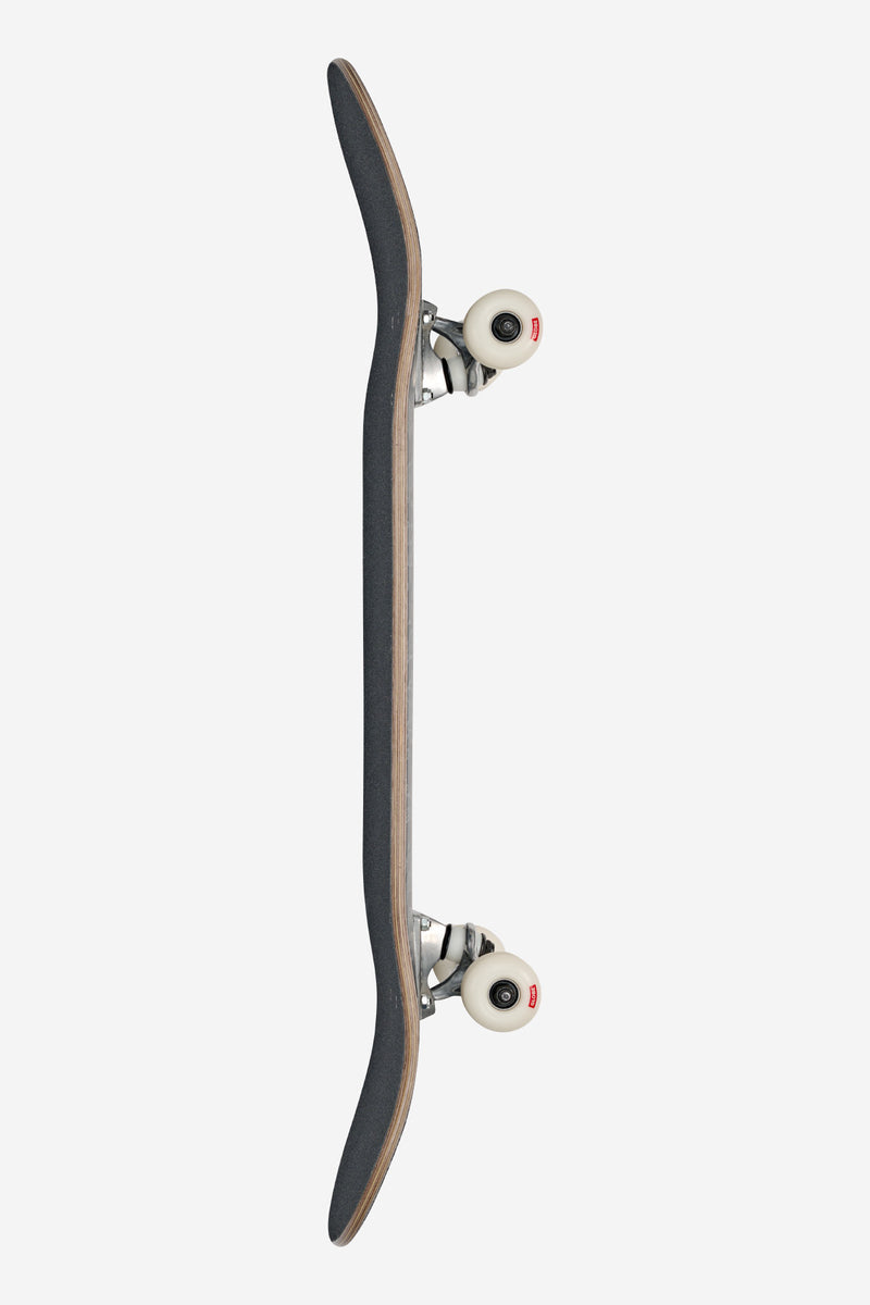 Side profile of Goodstock Black Camo complete skateboard with Tensor trucks and white 53mm wheels