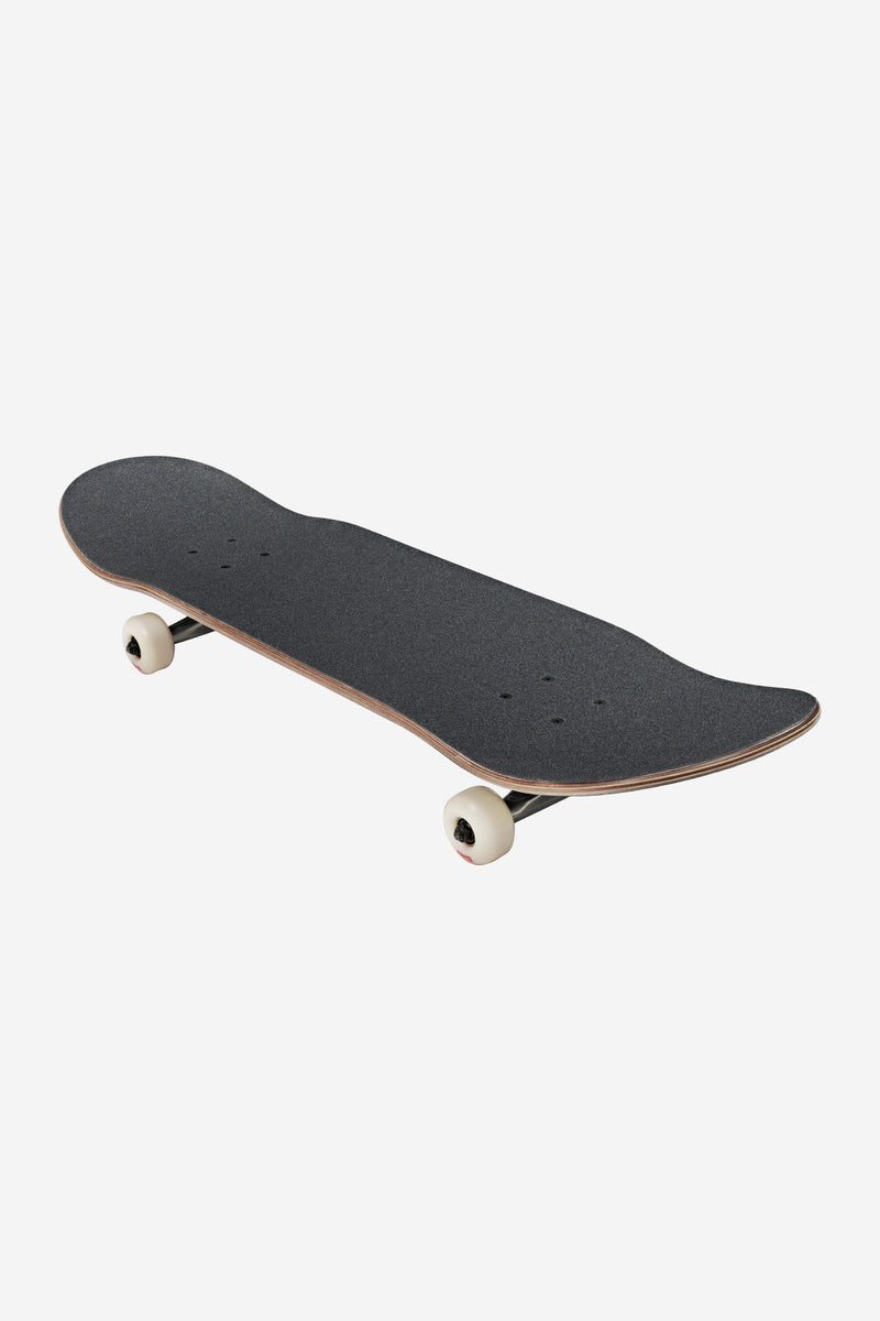 Perspective view of the Black Camo 8.5 deck with trucks and white wheels mounted