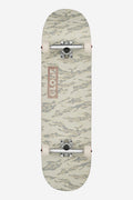 Vintage White Camo Goodstock resin-7 deck viewed from above with full concave and attached trucks