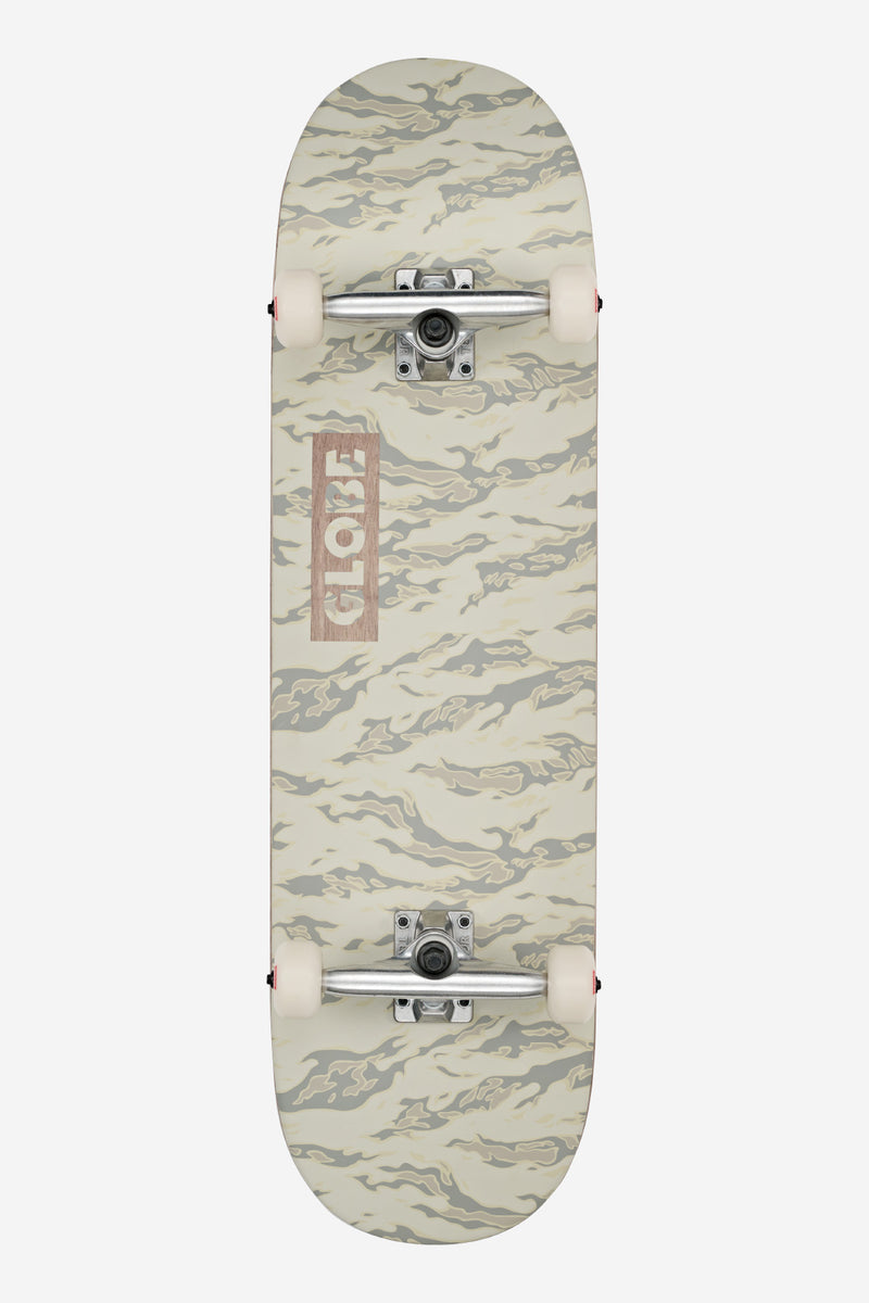 Vintage White Camo Goodstock resin-7 deck viewed from above with full concave and attached trucks