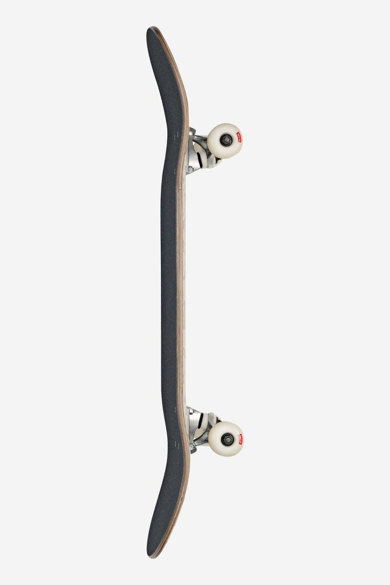 Side view of a Goodstock Vintage White Camo complete skateboard with cream trucks and white wheels
