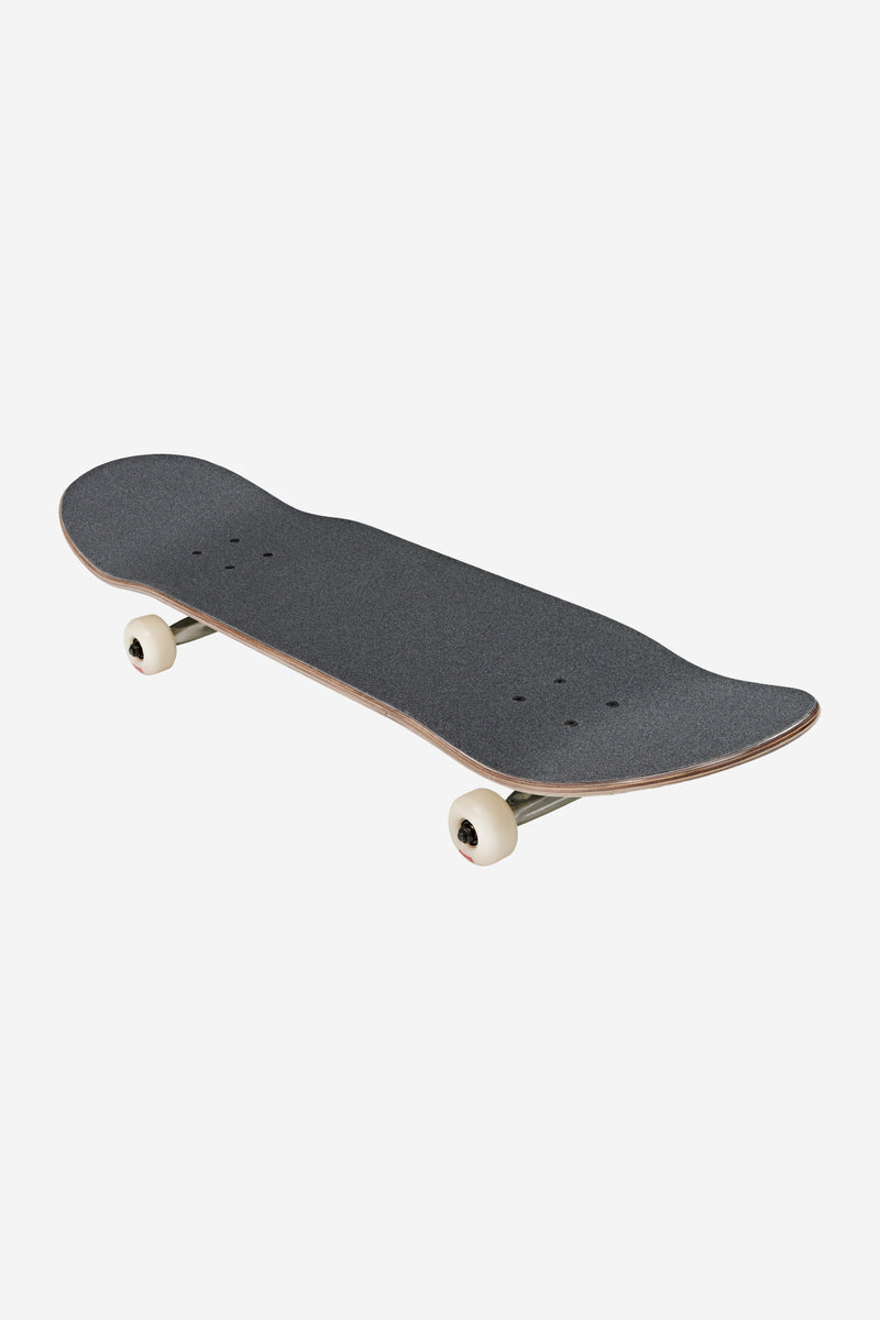 Three-quarter view of a Vintage White Camo Goodstock complete skateboard with cream trucks and white wheels