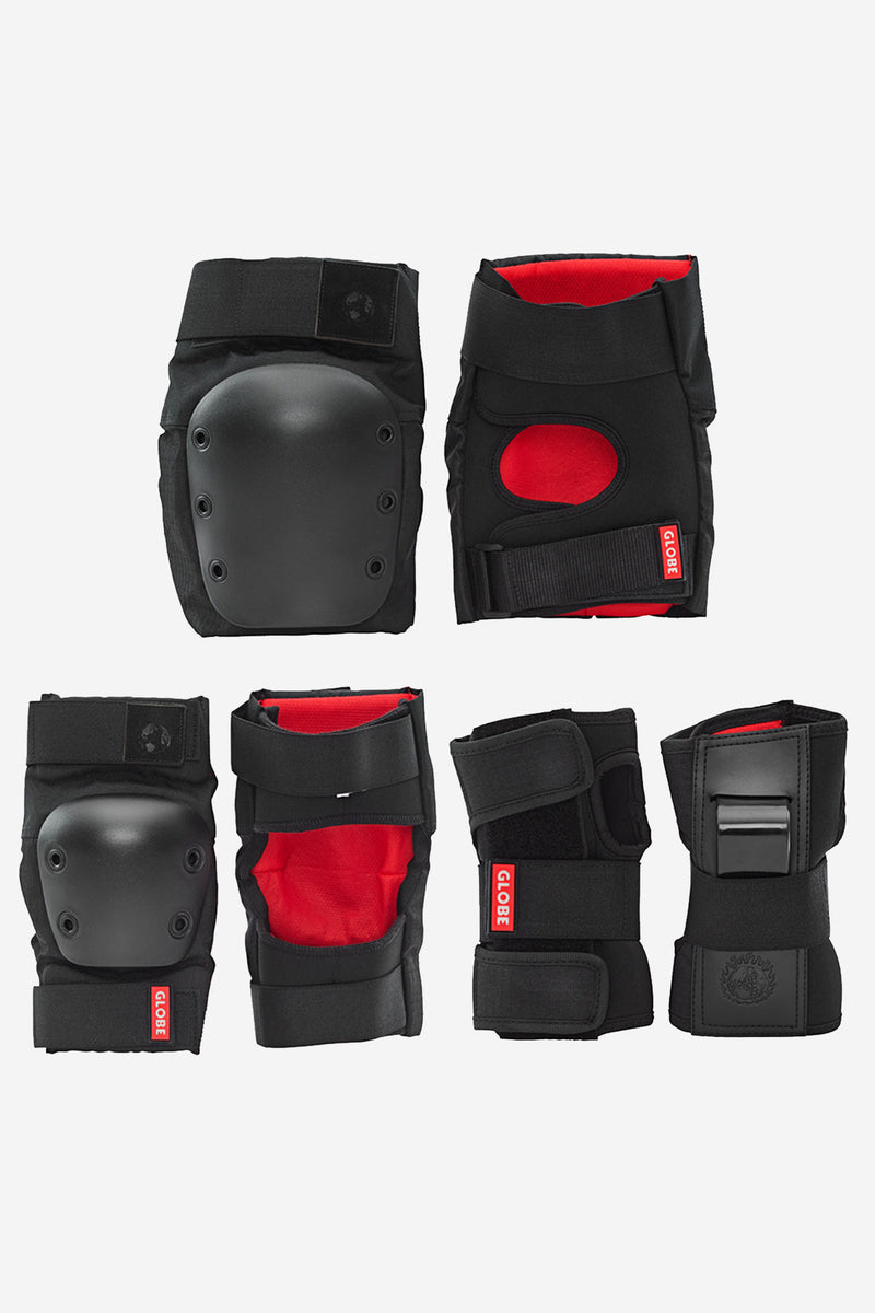 Matte black Goodstock pad set for kids featuring knee and elbow guards with red lining and adjustable Velcro closures