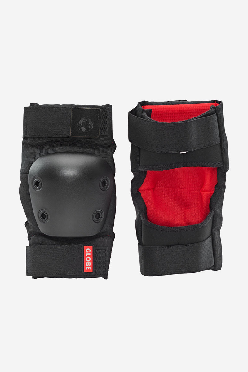 Knee and elbow guards in matte black with red interior and quick securing Velcro straps
