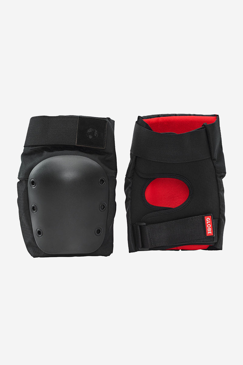 Knee and elbow guards with matte black shells and red interior and adjustable straps