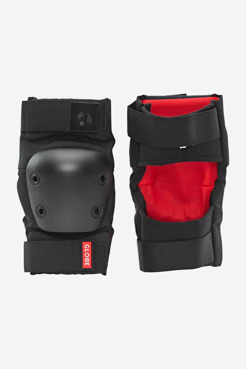 Goodstock Matte Black protective pad set shown with knee and elbow guards and red lining secured by Velcro straps