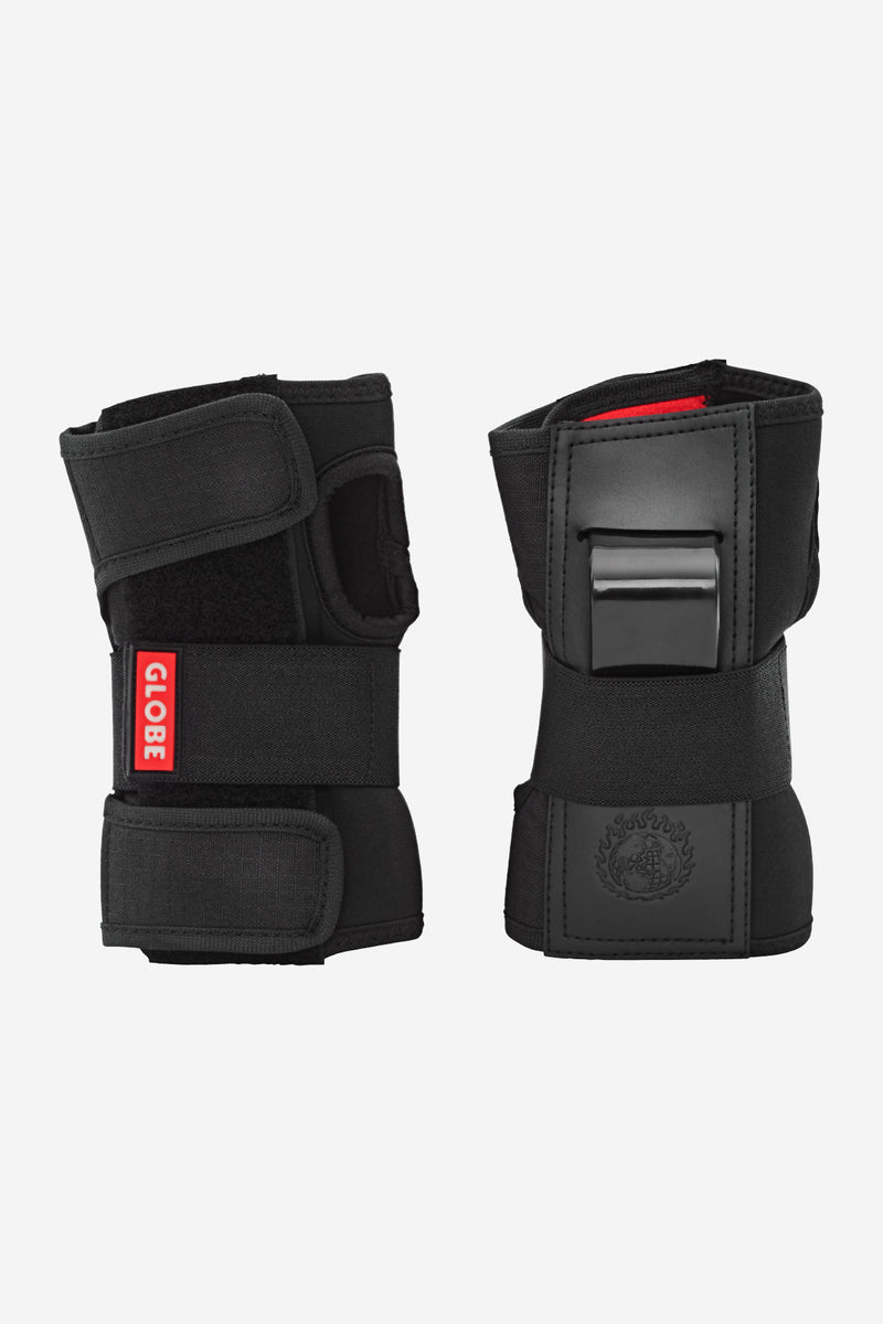 Two matte black knee pads with red interior and adjustable Velcro strap closures.