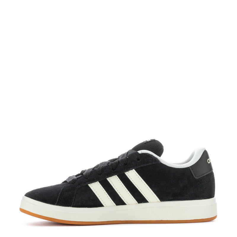 Kids adidas Grand Court sneakers, black suede, white stripes, gum-toned sole