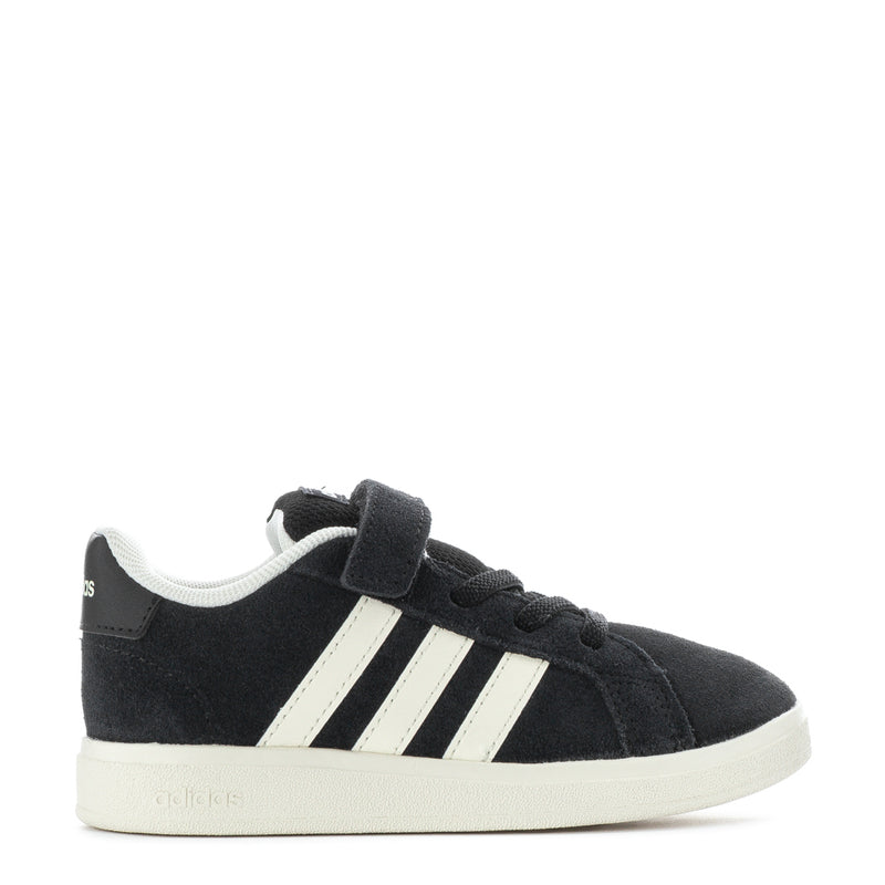 Black toddler sneakers, white triple stripes, hook-and-loop strap, low rubber sole