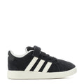 Black toddler sneakers, white triple stripes, hook-and-loop strap, low rubber sole