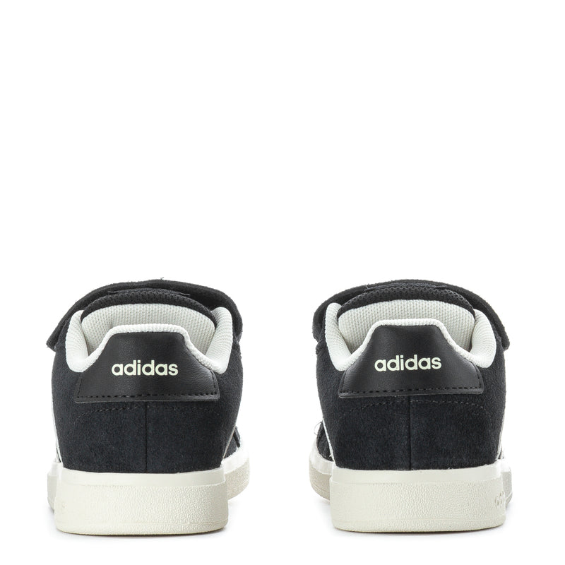 Black toddler sneakers heel view with adidas logo and white sole