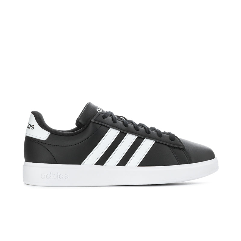 Men's black adidas court sneakers with three white side stripes and white sole