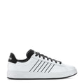 Men's white leather sneakers with black three-stripe design and black lace-up detail