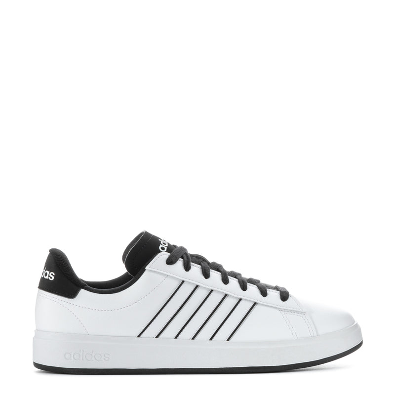 Men's white leather sneakers with black three-stripe design and black lace-up detail