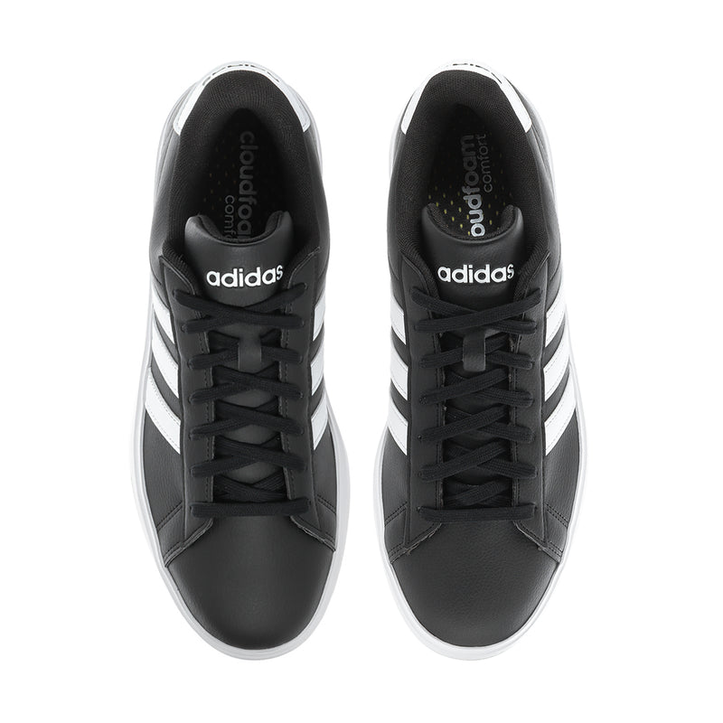 Men's black adidas sneakers with white stripes and lace-up front