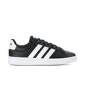 Men's black sneakers with white adidas stripes and black lace-up closure
