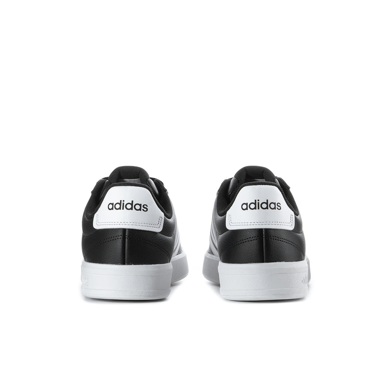 Men's black adidas sneakers with white heel tabs and rear view lace-up design