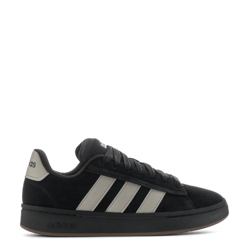 Men’s black adidas court sneaker with white three stripes and dark gum sole