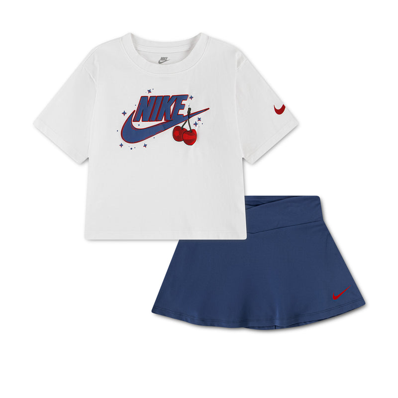 Kids' two-piece graphic set: white T-shirt with Nike scooter-cherry print, navy skort