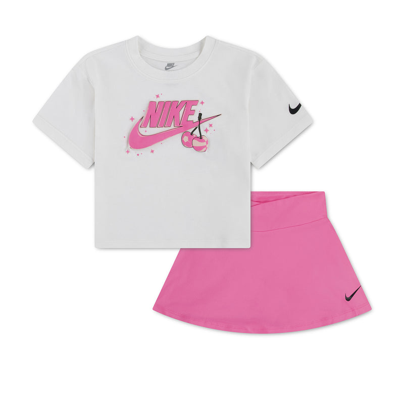 Kids graphic t-shirt and skirt set, white top with pink Nike scooter print