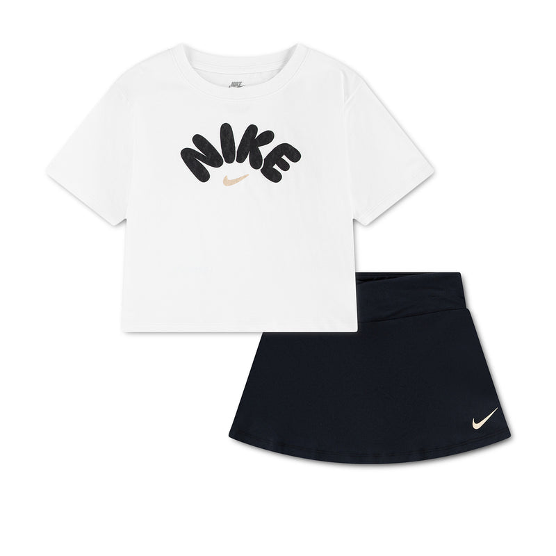 Kids graphic scooter set: white T-shirt with NIKE logo and black skirt with swoosh