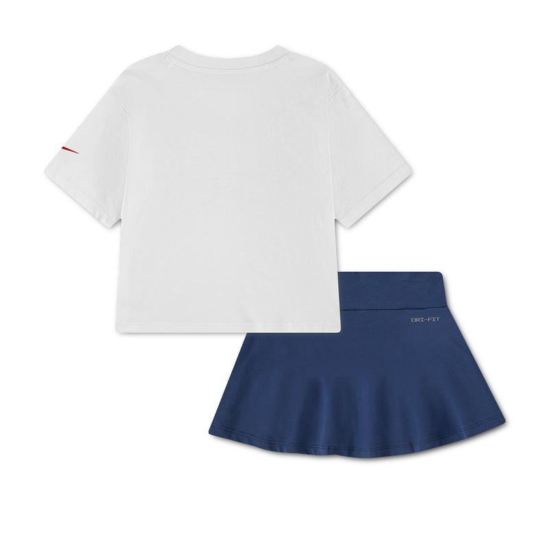 Kids' graphic scooter set: white back T-shirt and navy skort with swoosh accents