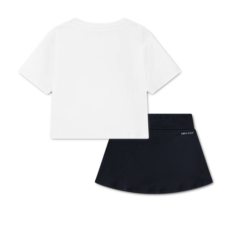 Kids scooter set back: white T-shirt and black skirt with DRI-FIT label