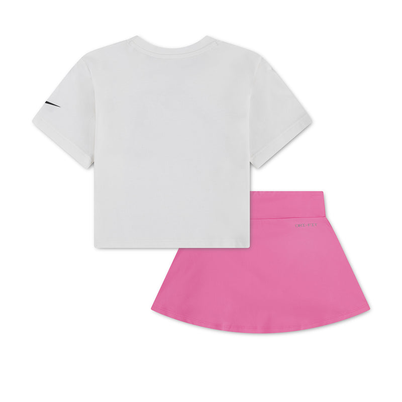 Kids t-shirt and skirt set, white short-sleeve top with pink skirt