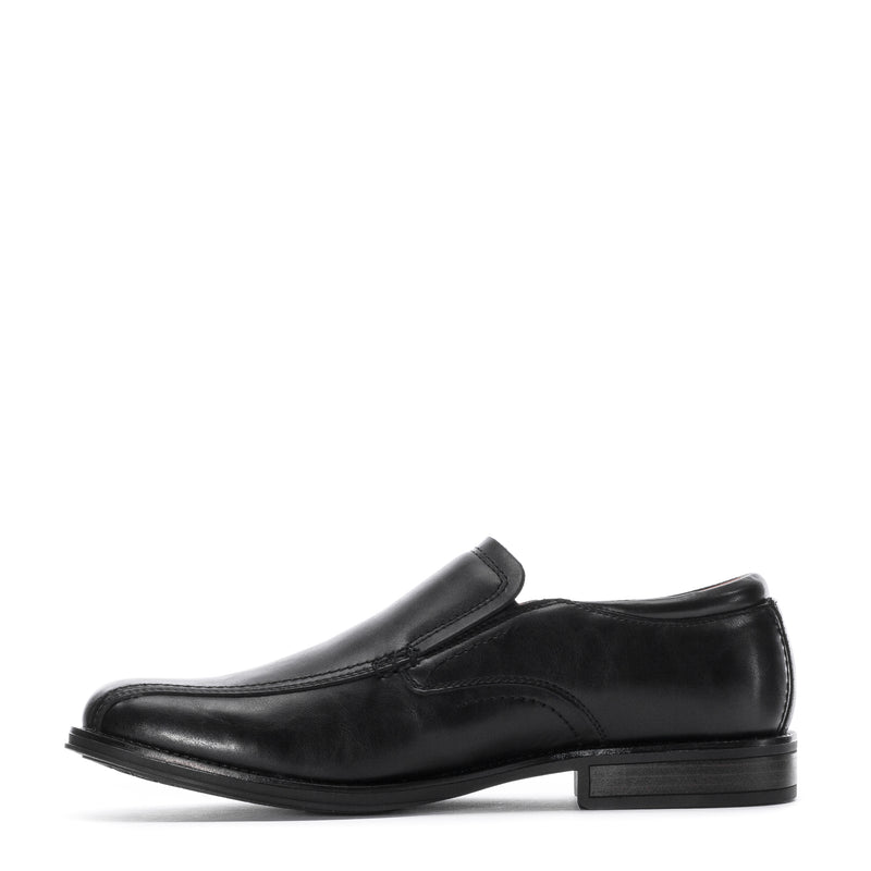 Black men's leather loafer slip-on with padded collar and low block heel