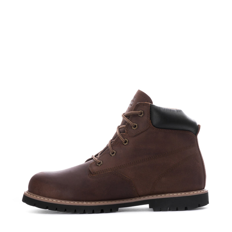 Men's 6-inch brown leather lace-up boots, side view with dark ankle lining