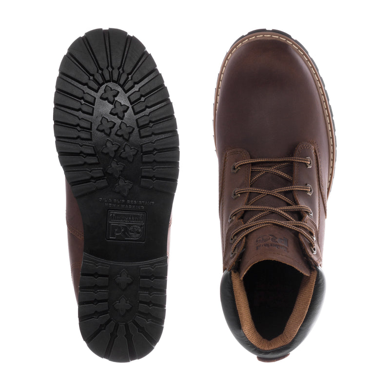 Men's 6-inch brown leather boots with treaded rubber outsole and lace-up opening