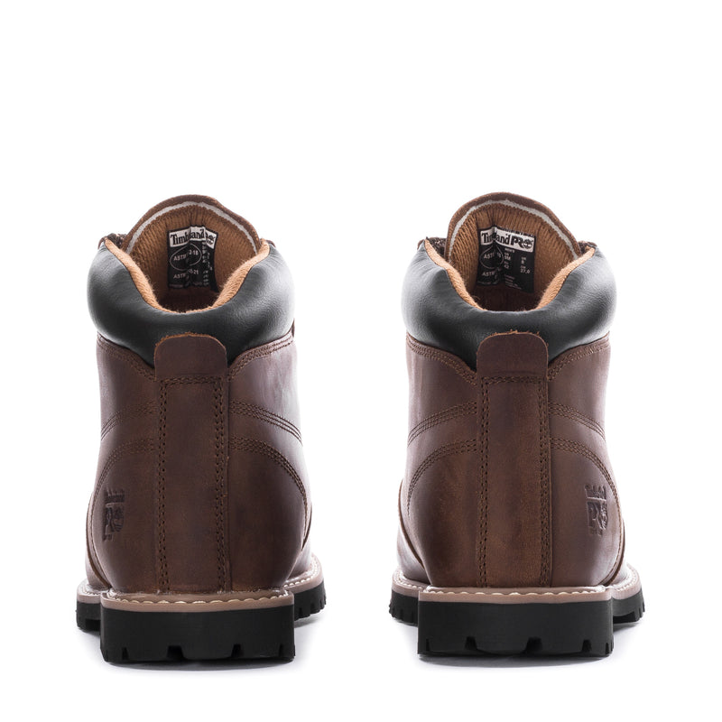 Men's 6-inch brown leather boots, back/heel view with padded collar