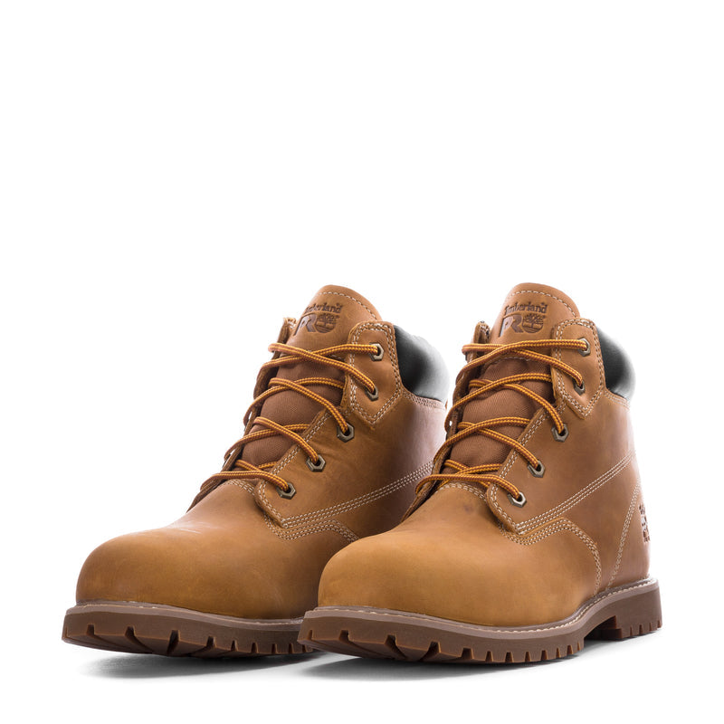Men's wheat steel-toe 6" lace-up work boots, pair view with black heel collar