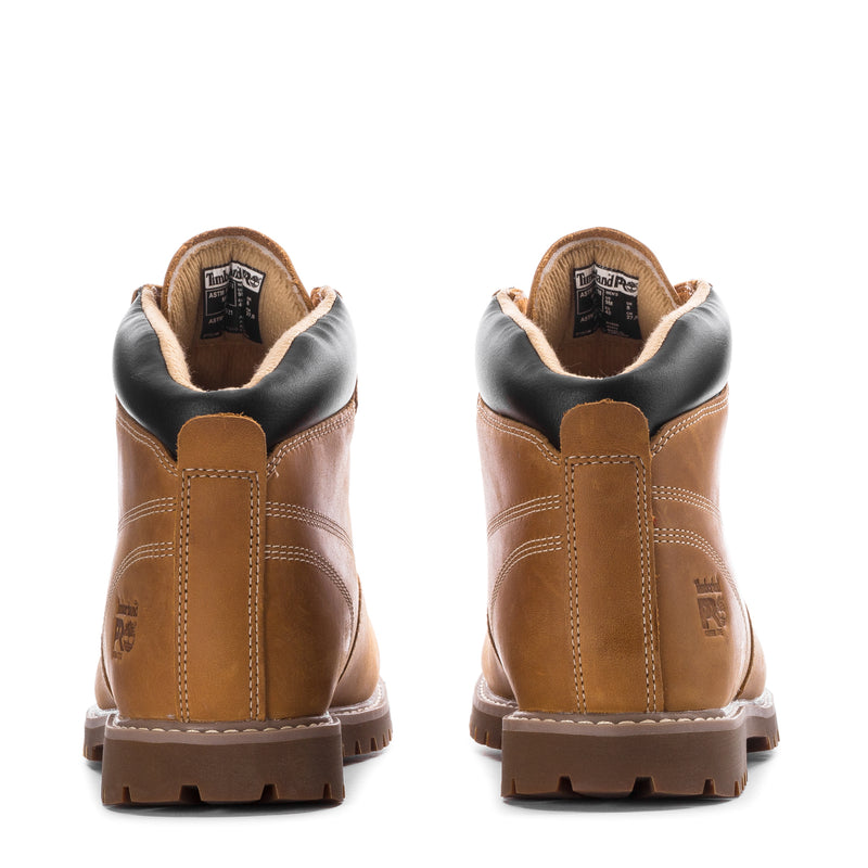 Men's wheat steel-toe 6" work boots with black heel collar, rear view