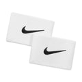 Pair of white sports guard stay pads with black Nike swoosh logo
