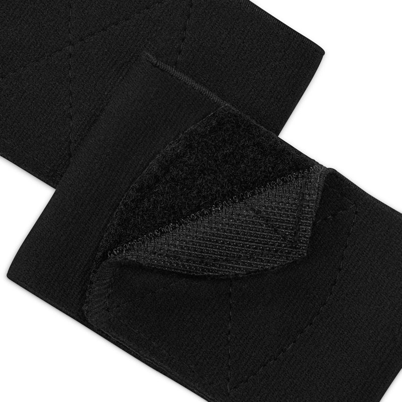 Black fabric guard stay close-up with textured stitching and panel seams