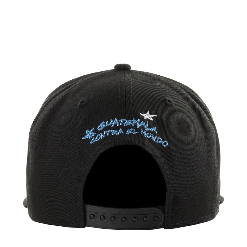 Black baseball cap back with blue embroidered Guatemala and adjustable snap strap