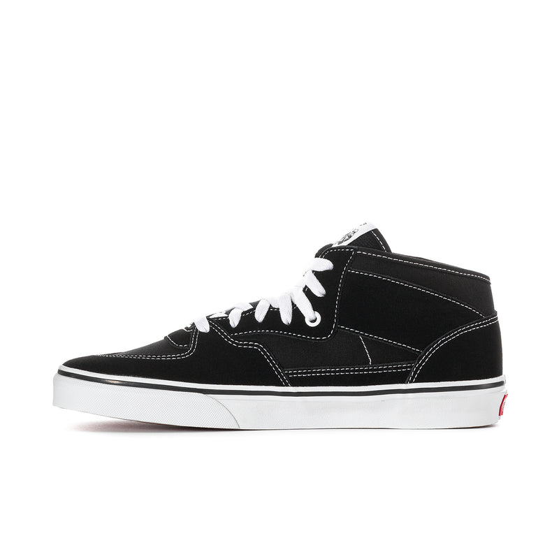 Black canvas high-top sneakers, quarter view, white stitching and white laces