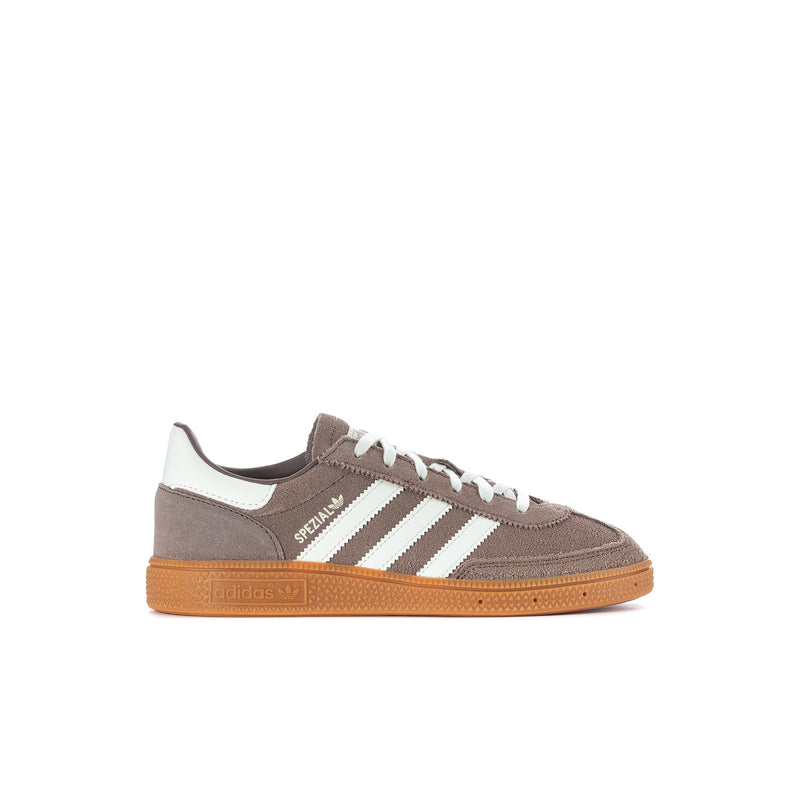 Kids retro sneakers, brown suede with white stripes and gum rubber sole