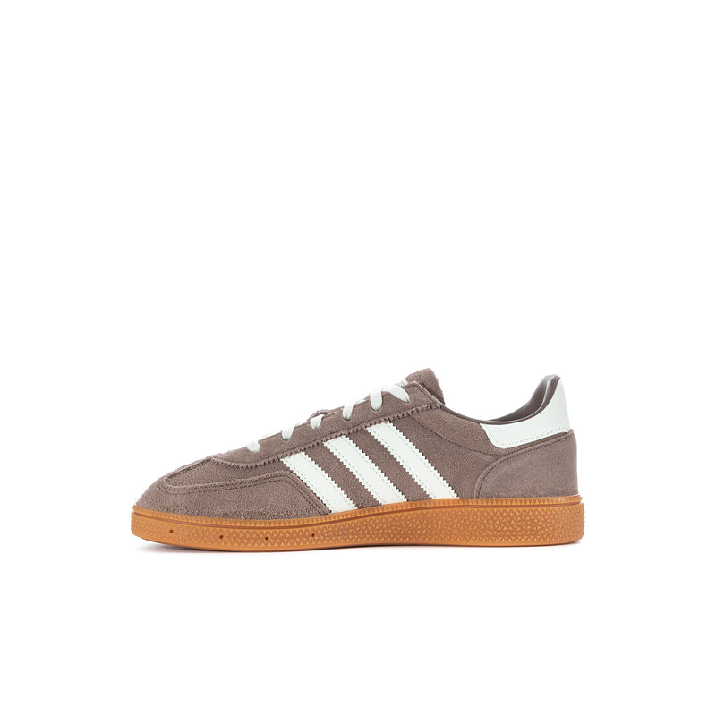 Kids low-top sneakers, brown suede upper with three white stripes and gum sole