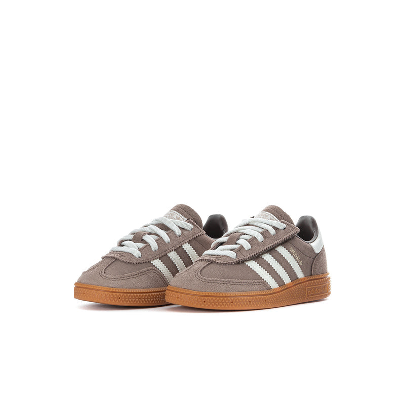 Toddler low-top sneakers in brown suede, cream triple stripes, gum sole