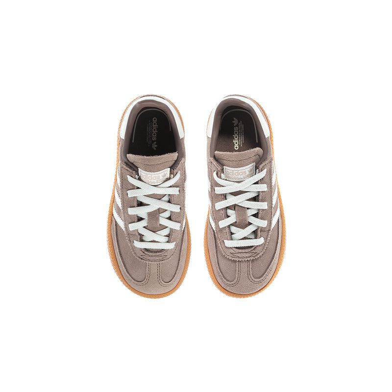 Toddler sneakers, brown uppers with white laces and cream adidas-style stripes