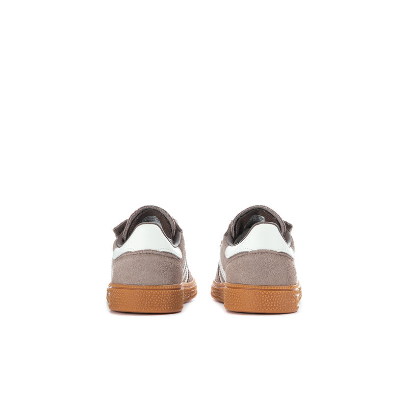 Toddler sneakers, brown suede with white heel panel and gum heel cup