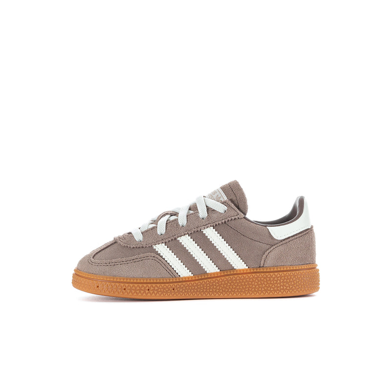 Toddler low-top sneakers, brown suede with cream stripes and white lace